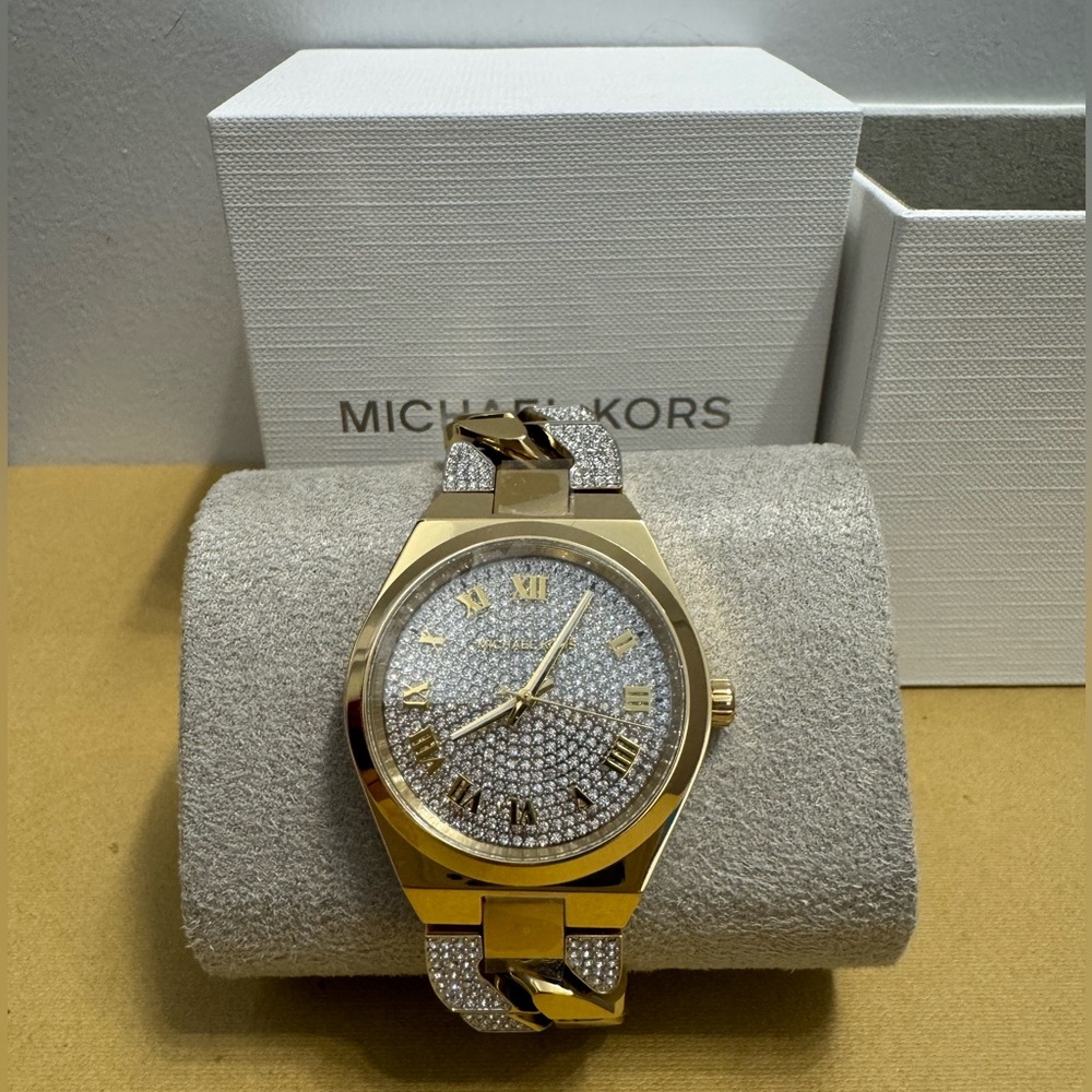 Michael Kors Lennox Pavé Gold-Tone Curb-Link Watch